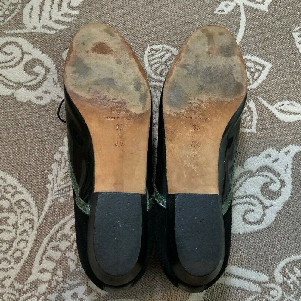 Vintage Oxfords! Black Patent Lace Up W/Green Snakeskin Trim 8.5 Narrow AA - Picture 7 of 9